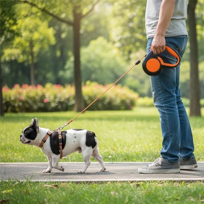 Laisse enrouleur pour chien orange dans allee