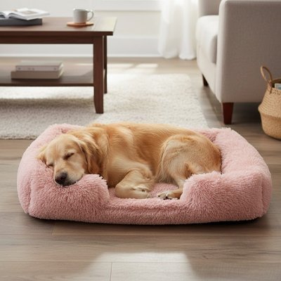 Chien endormi dans panier pour chien rose