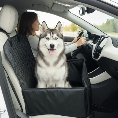Chien installe confortablement dans siege auto pour chien PawTrip™ 