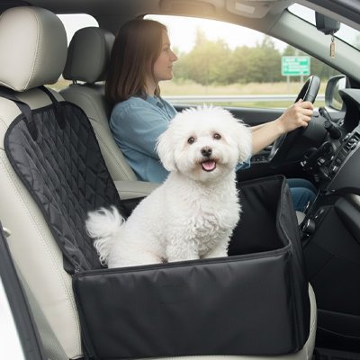 Siege auto pour chien PawTrip™ | chiot installe sur banquette avantchien