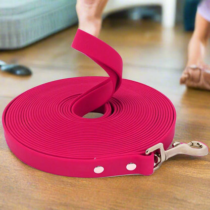 longe pour chien plate en pvc rose